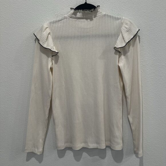 Loft Pointelle Ruffle Sleeve Ribbed Knit Sweater Top Size M Cream Fall Preppy - Picture 5 of 7